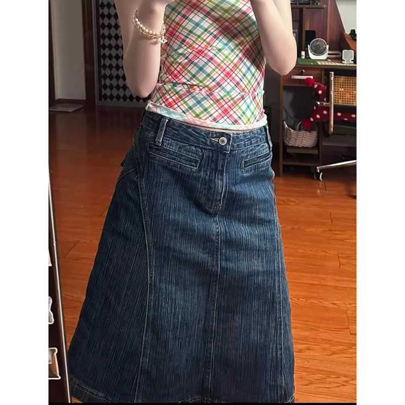 Autumn High Waist Denim Mini Blue Skirt Women Vintage Slit A- Line Hip Concealing Mid-Length Cotton Jeans Skirts Female Fashion M260314