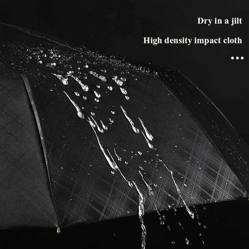 Triple fold fully automatic 10 bone grid pattern umbrella automatic wooden handle wind resistant and sunny umbrella H260314