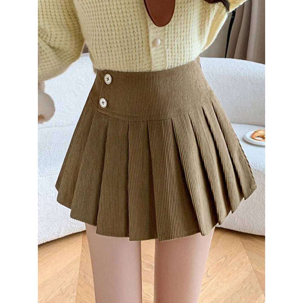College Style Corduroy Hot Girl Pleated Skirt Woman Autumn Winter Casual Retro Short Skirts With Buttton Coffee Z260314
