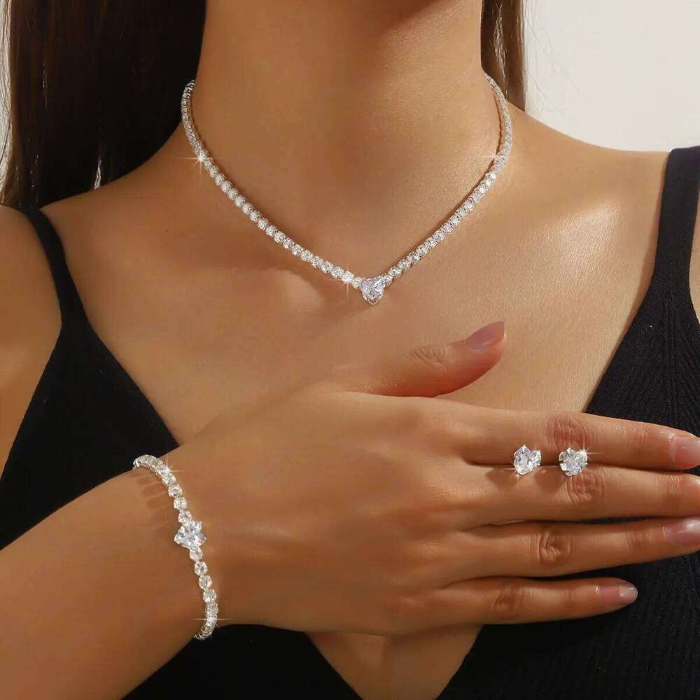 Ladies' Fashion, Heart-Shaped Crystal Zircon Earrings, Necklace Set, Bride'S Wedding Dress, Jewelry And Accessories Z260313