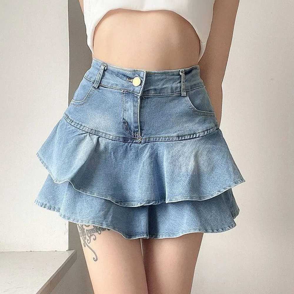 Vintage Denim Skirt Shorts Women Summer Korean Fashion High Waist A-line Wash Blue Slim Cute Sexy Mini Jeans Ruffle Skirt Female M260314