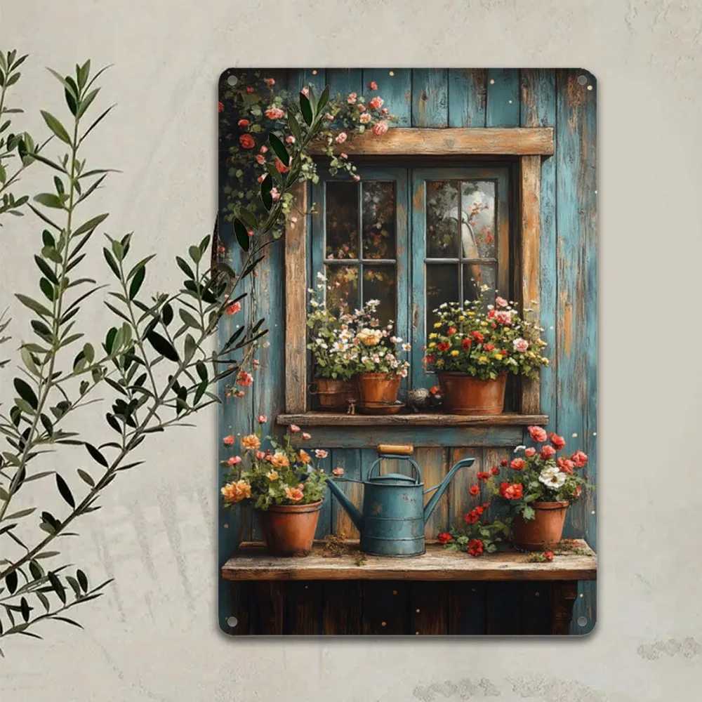 Vintage Farmhouse Window Plant Metal Wall Art Rustic Garden Tin Sign for Patio Balcony or Cafe Decor 8x12 Inch Plaque D260314