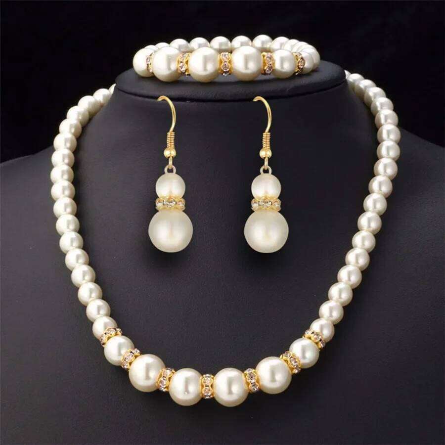 3 In1 Set Elegant Simulated Pearl Earrings Bracelet Long Necklace Women Bridal Wedding Jewelry Gift Beautiful Jewelries Z260313