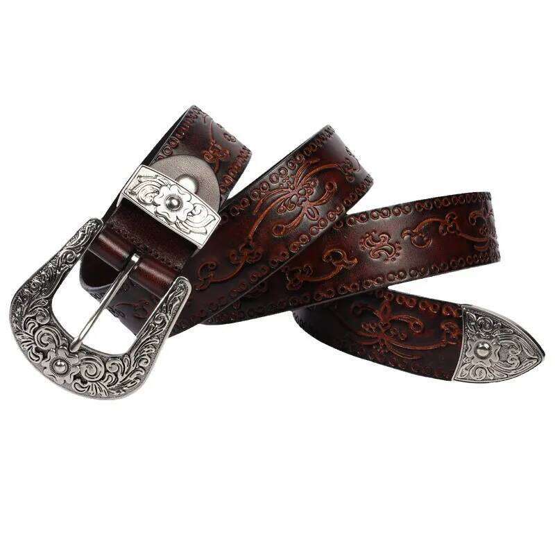 3.8cm Width Men Genuine Leather Vintage Luxury Print Pin Buckle High Quality Cowskin Cowhide Strap Jeans Belt Z260226