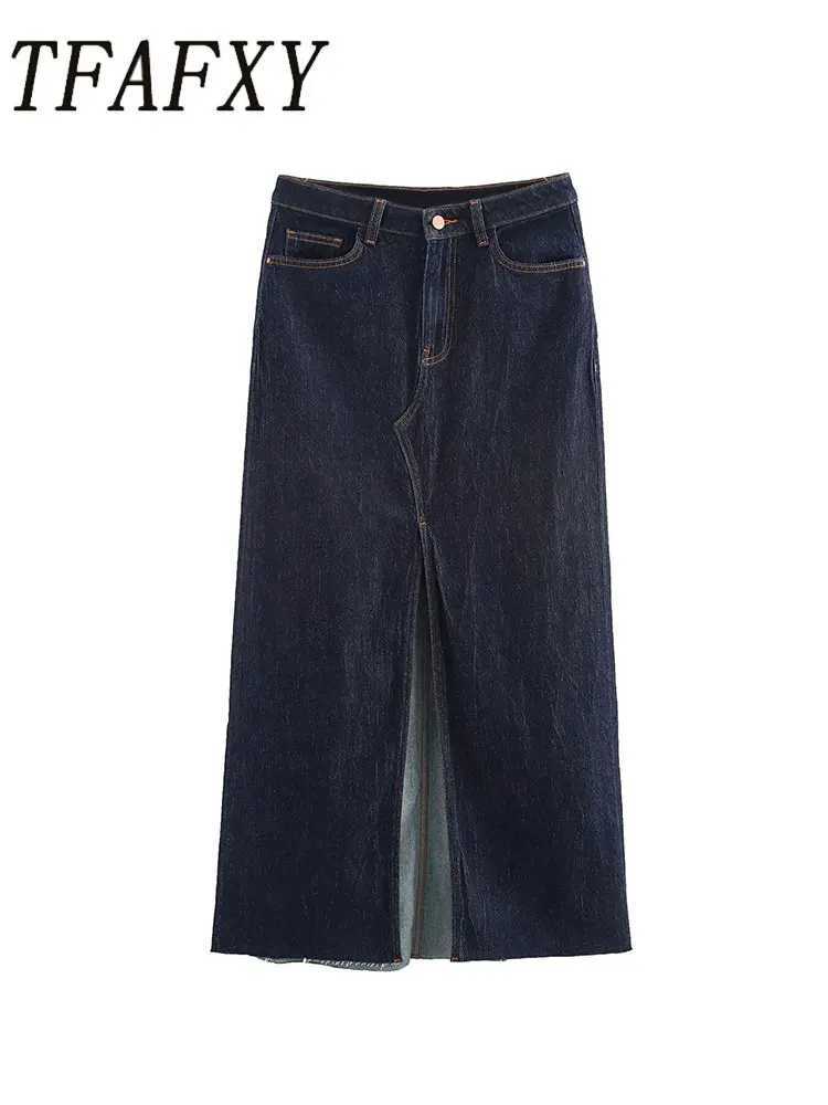 TFAFXY 2025 Spring Casual Denim Long Skirts Women High Waist Zipper Front Split Long Skirts Fashion Pockets Vintage Mujer Skirt M260314