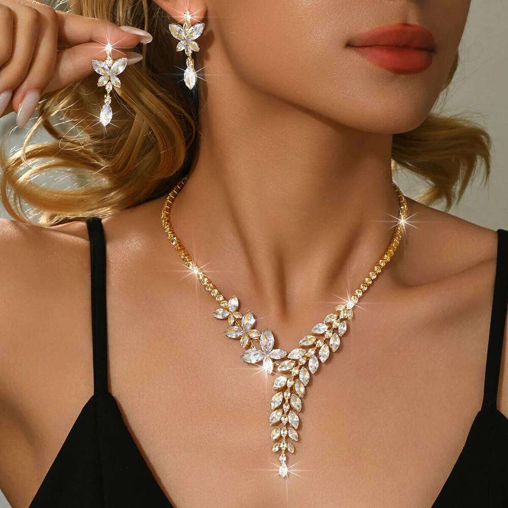 Luxurious and atmospheric wheat ear flower shaped ring bracelet earring necklace four piece set with accessories Z260313