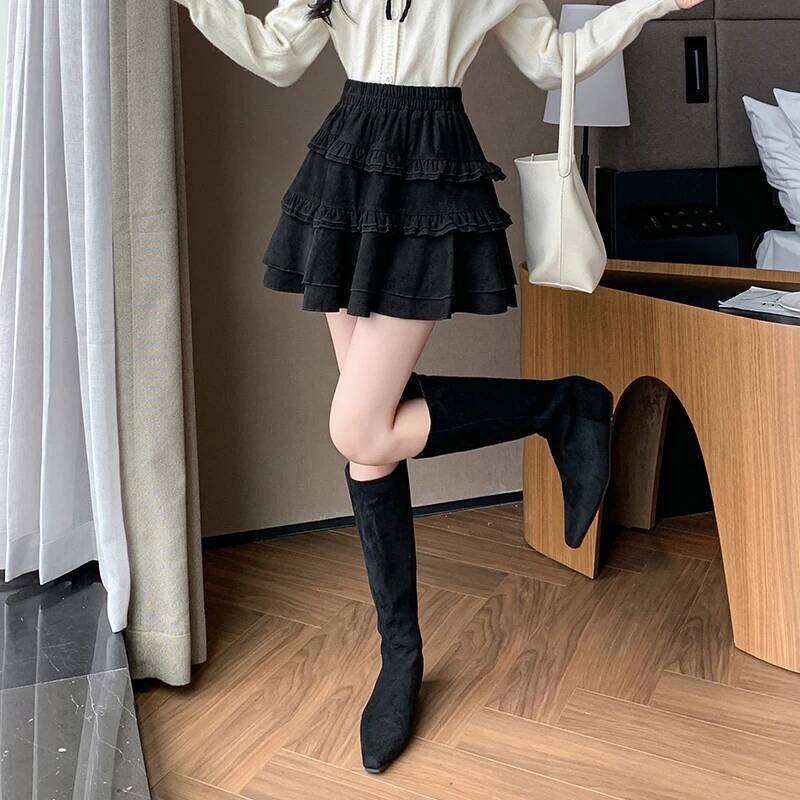 Seoulish Autumn Winter Velvet Ruffles Women's Cake 2025 New High Waist Korean Loose Pleated A-line Short Skirts Female Z260314