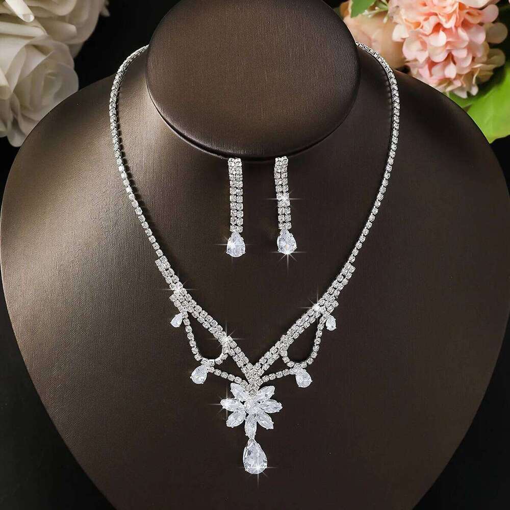 Women's Fashion Water Diamond Flower Droplet Pendant Necklace Earring Set, Design inspired First Jewelry Z260313
