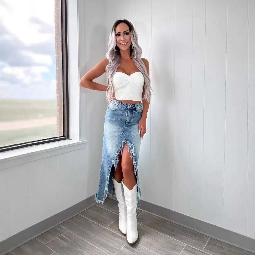 Irregular Denim Skirt Women Vintage Y2k Tassels High Waist Streetwear 2025 Skirts Washed Pockets Sexy Long Skirts Party Club M260314