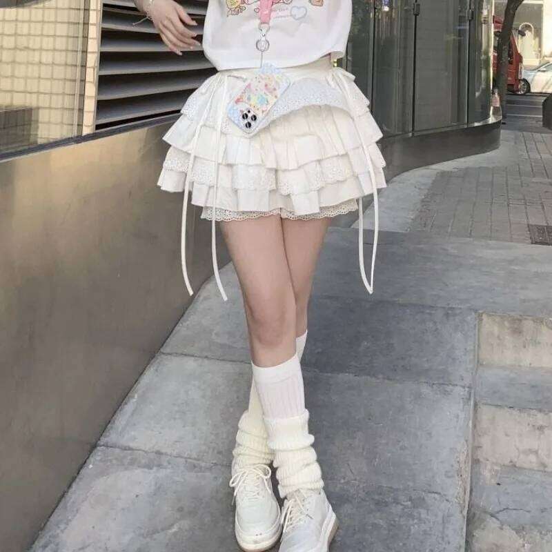 White Mini Skirts Women Lace Patchwork Sweet A-line High Street Bow Korean Fashion Y2k Skirt Harajuku All-match Streetwear Ins Z260314