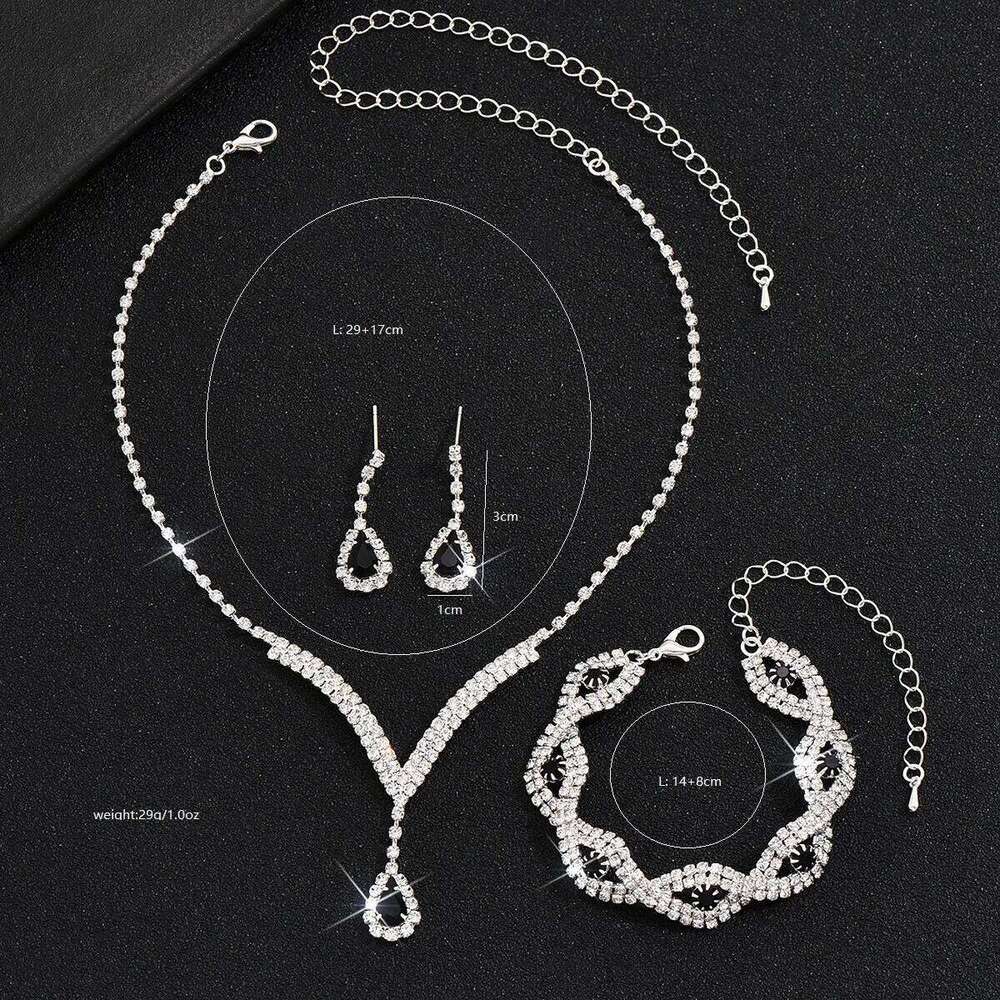 3 Pcs Luxury Rhinestone Bride Jewelry Set for Women Black Water Drop Crystal Earrings Wedding V Necklace Eye Bracelet Fashion- Z260313