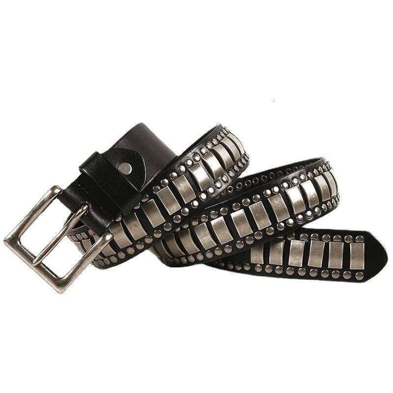 Punk Rock Geometry Pattern for Men Male Rivet Studded First Layer of Cowskin Hip Pop Decorative Belts For Jeans Z260226
