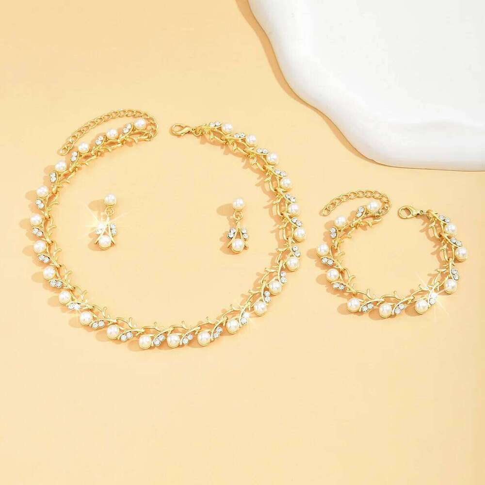 Vintage Gold Pearl & Zircon Jewelry Set - Necklace Bracelet + Earrings for Bridal Wedding Party Z260313