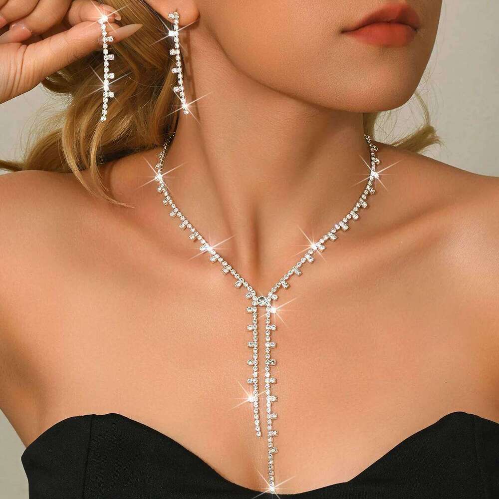 Black Rhinestone Tassel Jewelry Set Y-Necklace Earrings Ring Bracelet Evening Party Shiny Accessories Z260313