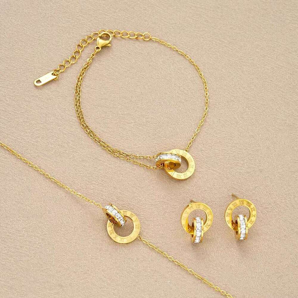 4Pcs/Set Stainless Steel Crystal Necklace Bracelet Earrings for Women Gold Color Interlocking Circles Roman Numbers Jewelry Sets Z260313