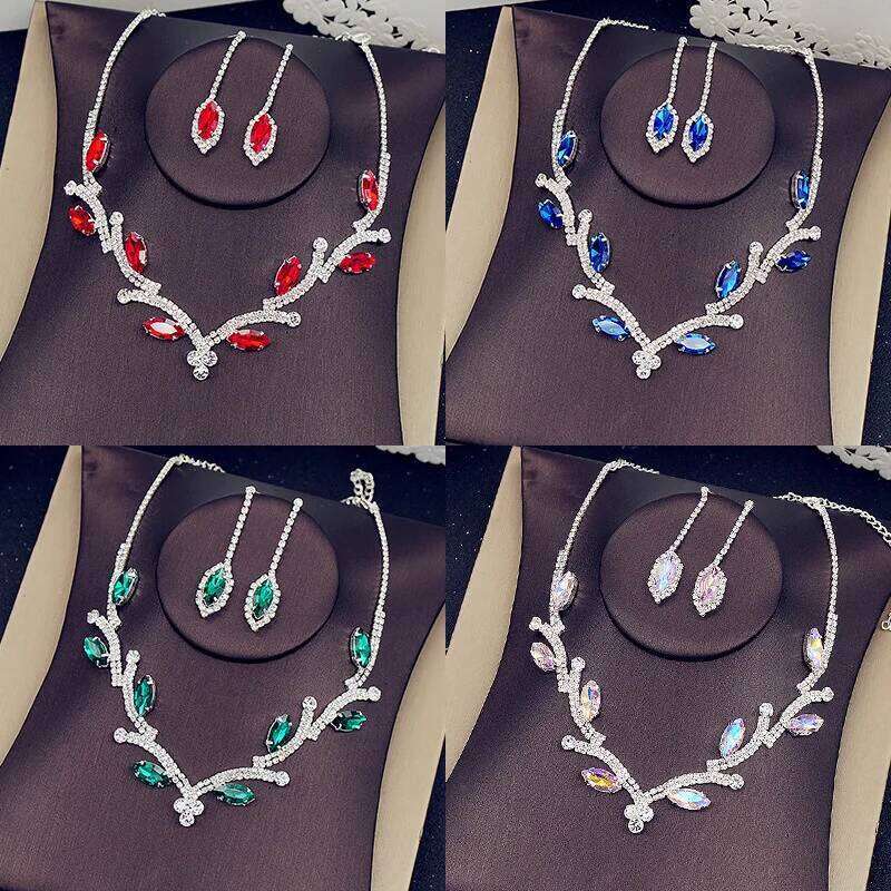 FYUAN Geometric Rhinestone Necklace Women Pink Red Blue Green Crystal Earrings for Wedding Bride Jewelry Sets Z260313