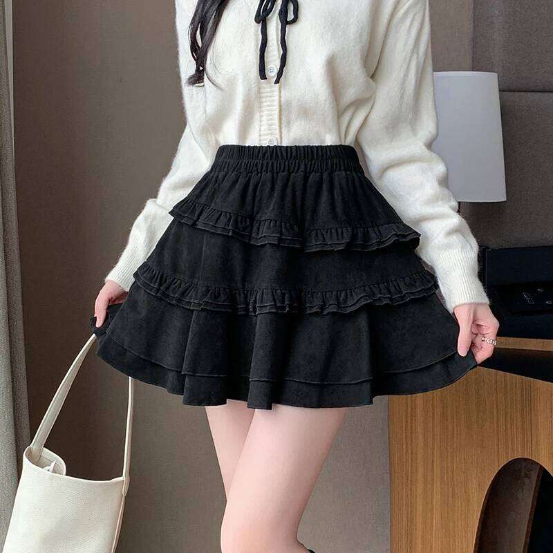 Seoulish Autumn Winter Velvet Ruffles Women's Cake 2025 New High Waist Korean Loose Pleated A-line Short Skirts Female Z260314