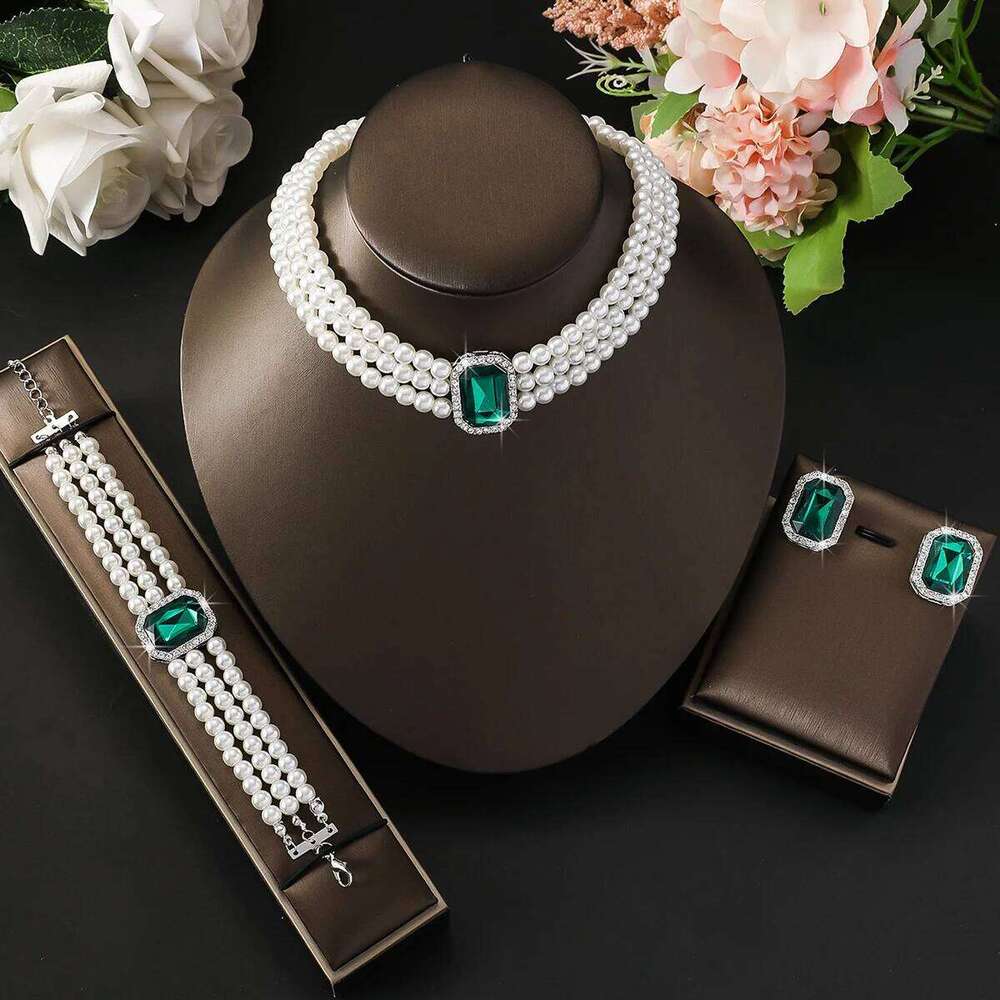 4PC Women's Fashion Light Luxury Short Style Imitation Pearl Turquoise Necklace Earrings Bracelet Jewelry Set Party Festival Gif Z260313