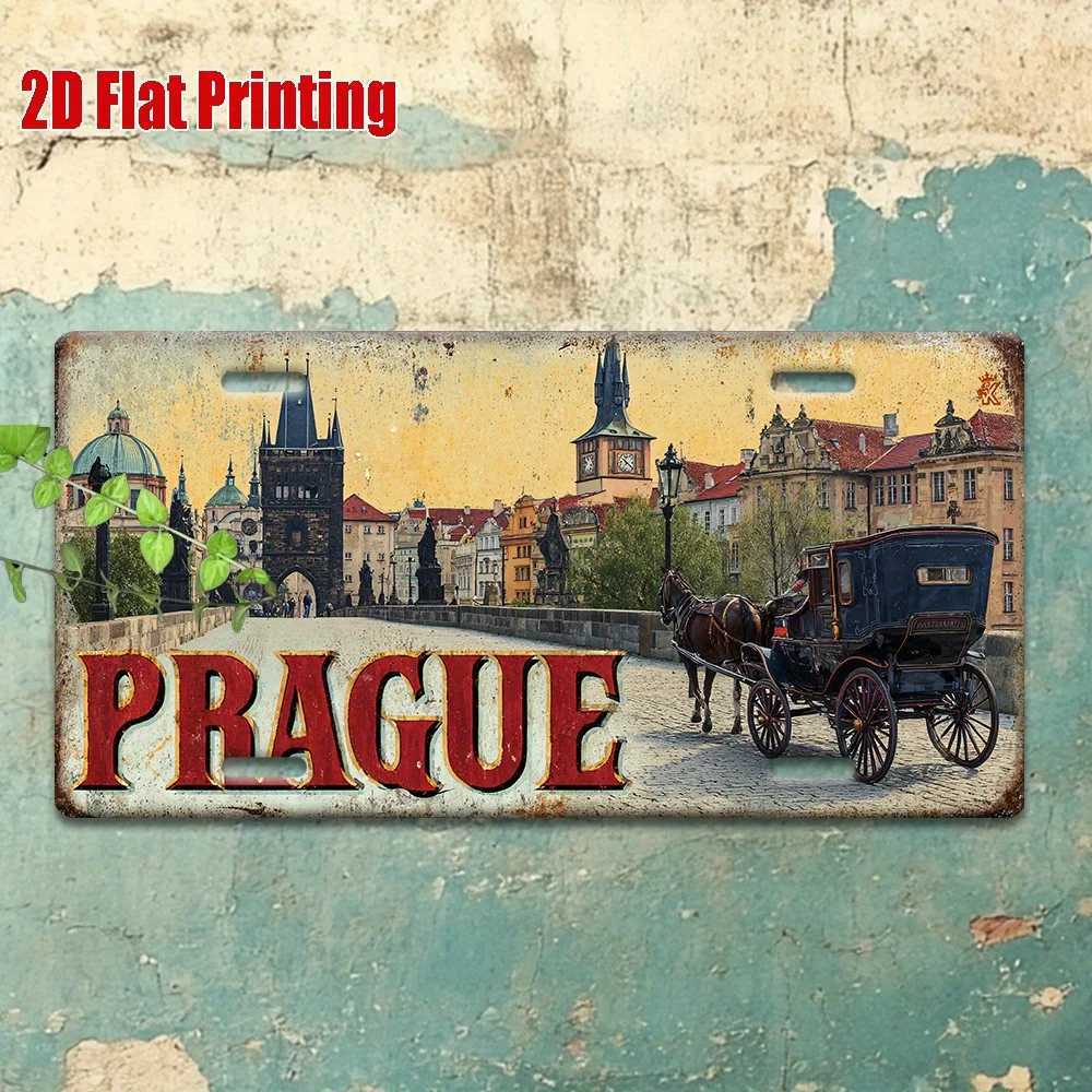 Printing Vintage Metal License Plate Outdoor Wall Art PRAGUE Aluminum Sign with Historic City and Horse Carriage Scene D260314