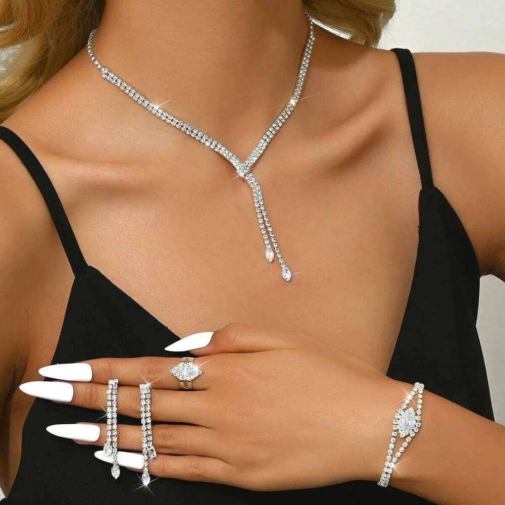 Y-Shape Crystal Jewelry Set 5Pcs Necklace+Bracelet+Earrings+Ring Shiny Silver-Plated for Women Party Wedding Evening Accessori Z260313
