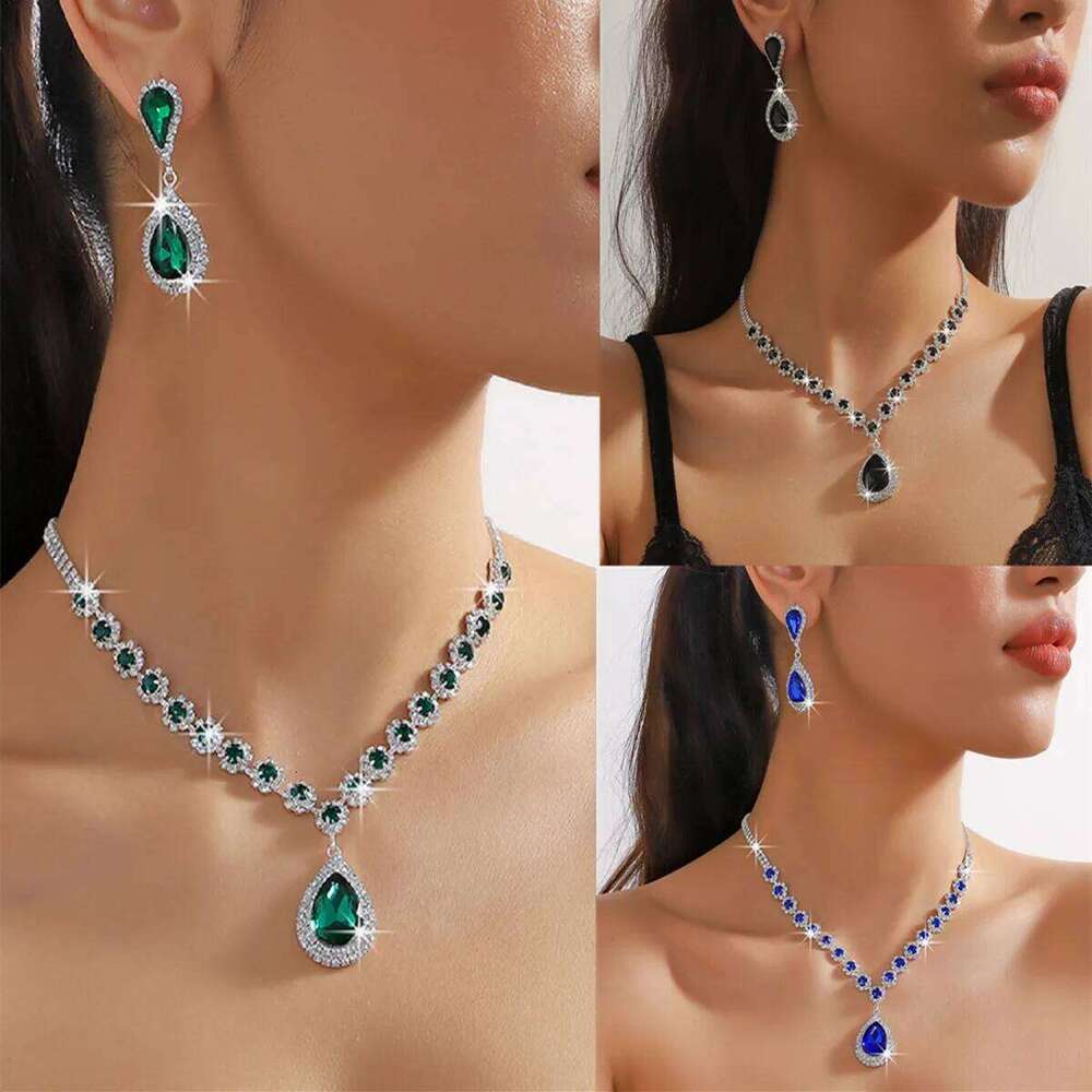 FYUAN Luxury Red Green Blue Crystal Necklace Earrings For Women Water Drop Pendant Wedding Bride Jewelry Sets Z260313