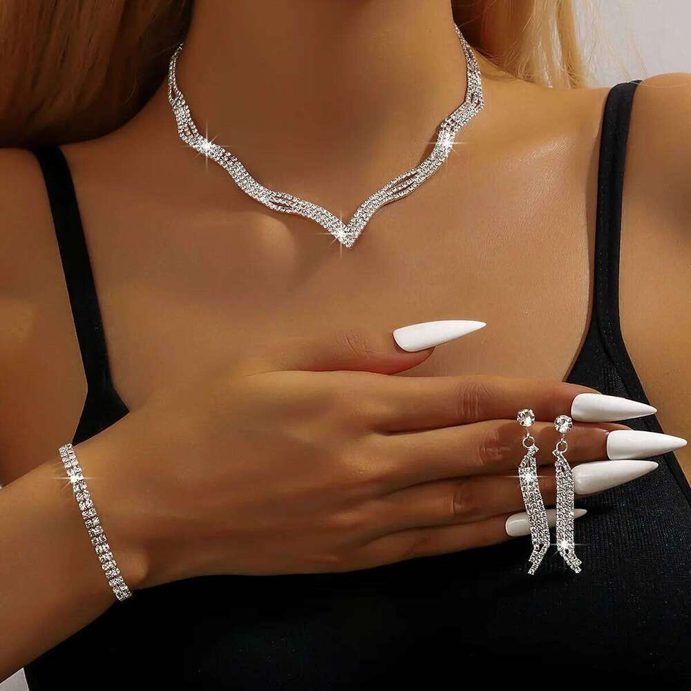 V-Shaped Crystal Jewelry Set 4Pcs Necklace+Bangle+Earrings Shiny Silver-Plated for Women Party Wedding Evening Accessories Pro Z260313