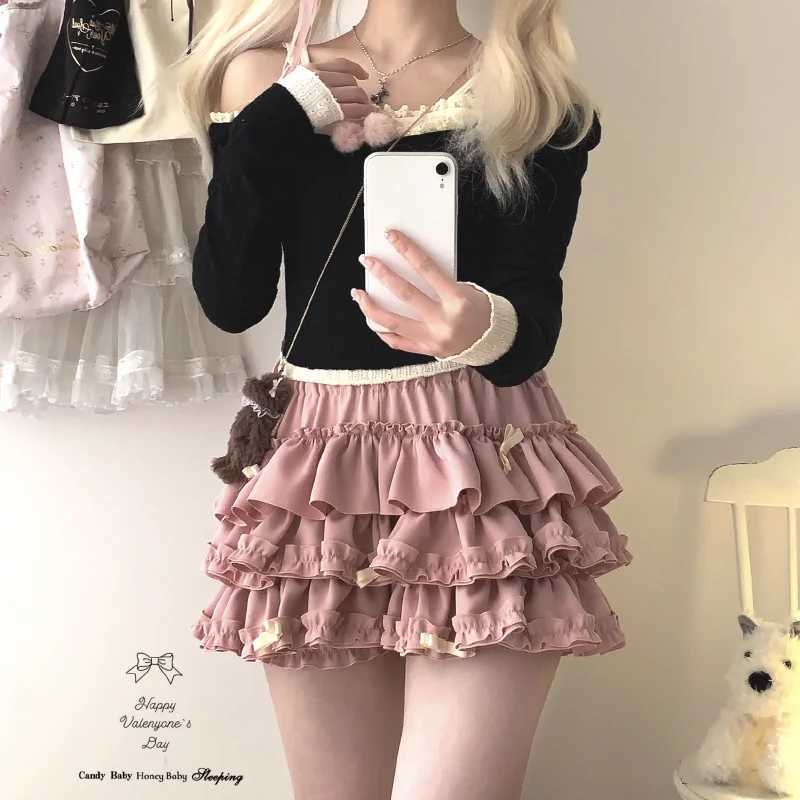 Sweet Ruffles Mini Skirt Women Kawaii Lolita Bow A Line Skirts Harajuku Japanese Cute High Waist Pink Blue Cake Skirt M260314