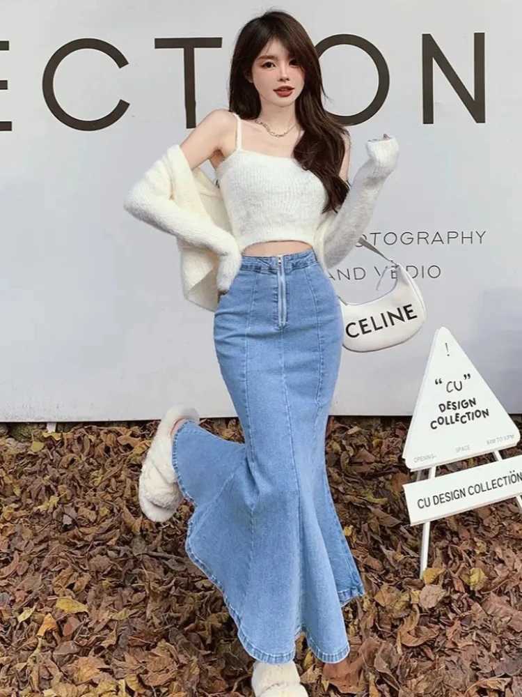 2026 Solid Slimming High Waist Midi A- Line Skirt Woman Trumpet Sides for Women Denim Half-length Skirt with Flounce M260314
