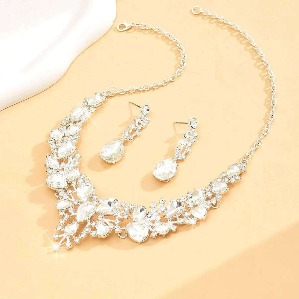Lace V-Shaped Crystal Set Necklace+Earrings Silver-Plated for Women Party Wedding Accessories Z260313