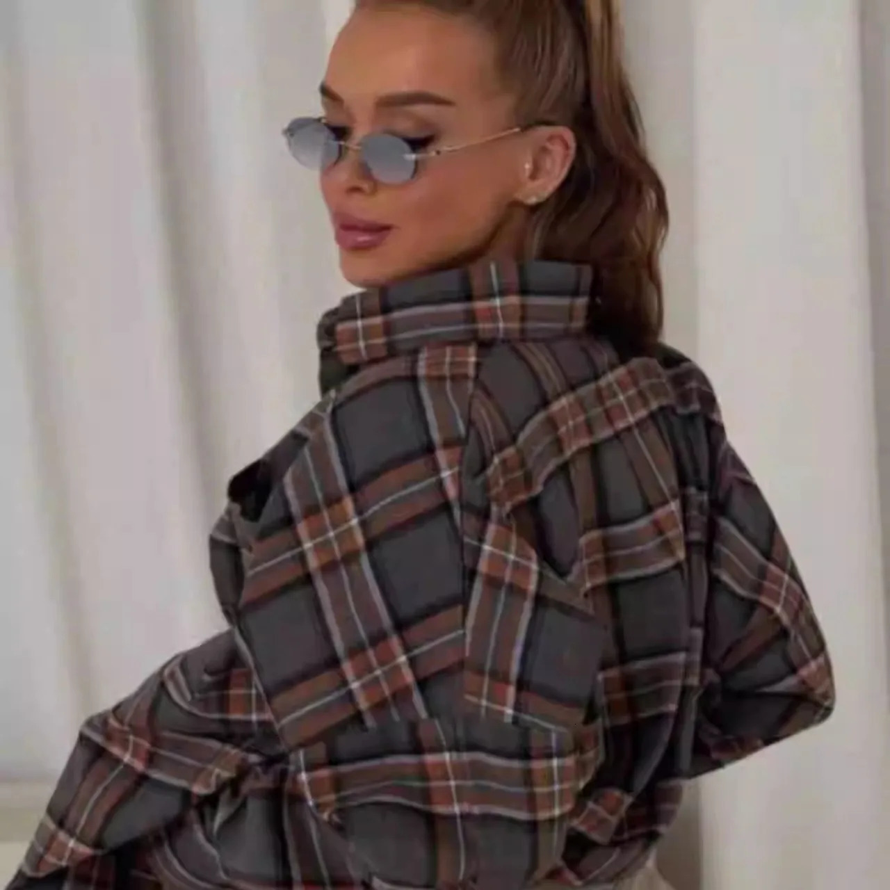 Autumn Plaid Loose Long Sve Womens irt Vintage Sle Street Faion Cotton Material Button Closure Inner Wear 260311