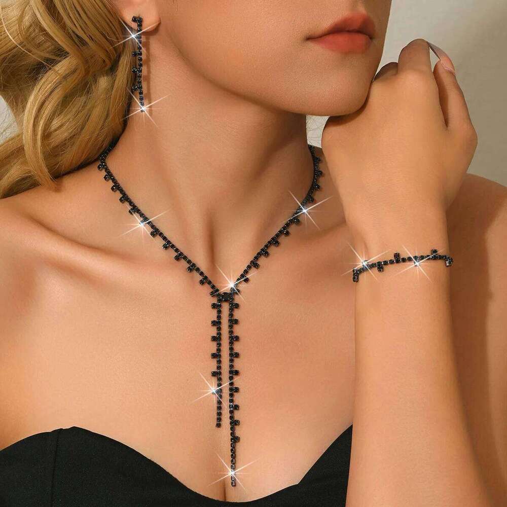 Black Rhinestone Tassel Jewelry Set Y-Necklace Earrings Ring Bracelet Evening Party Shiny Accessories Z260313