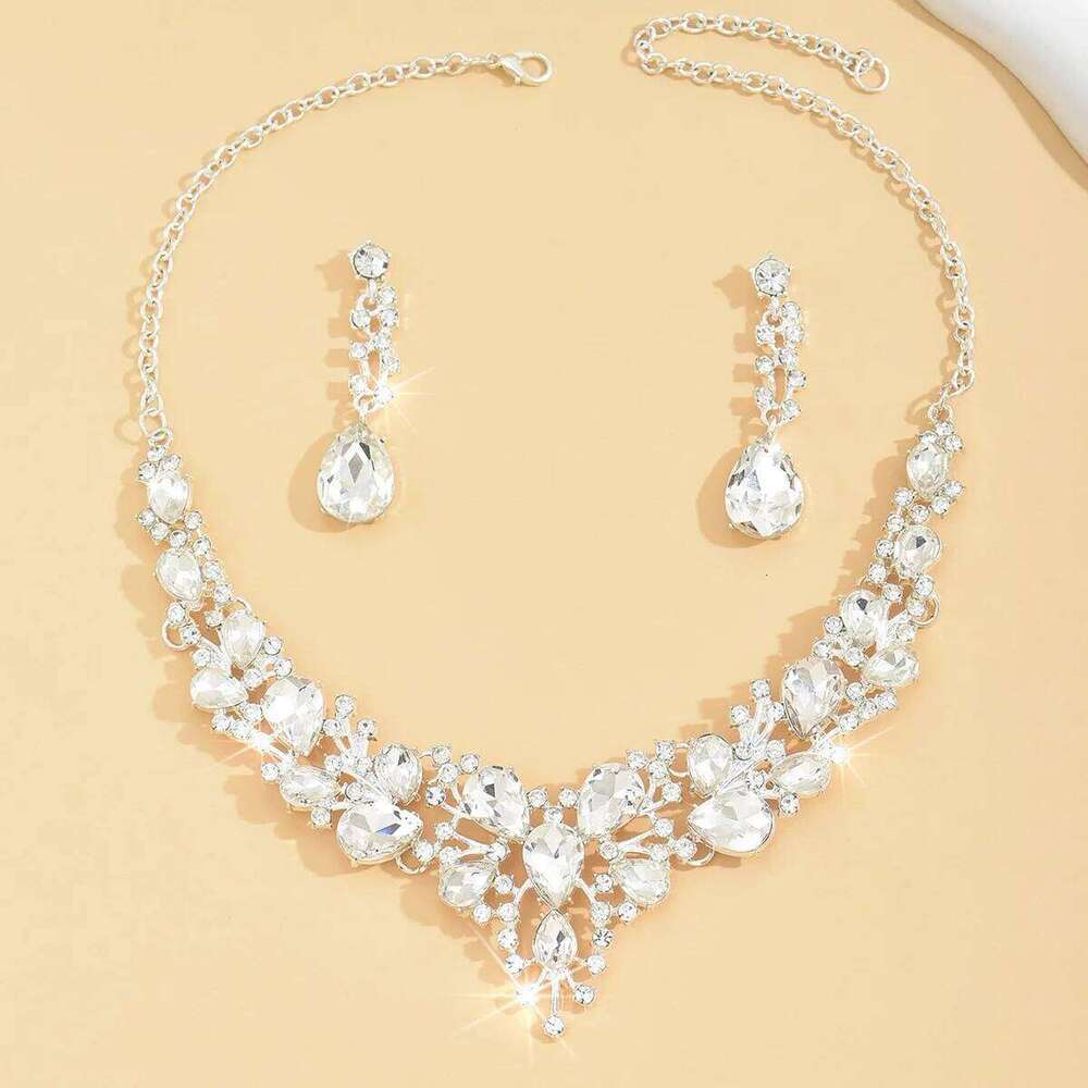 Lace V-Shaped Crystal Set Necklace+Earrings Silver-Plated for Women Party Wedding Accessories Z260313