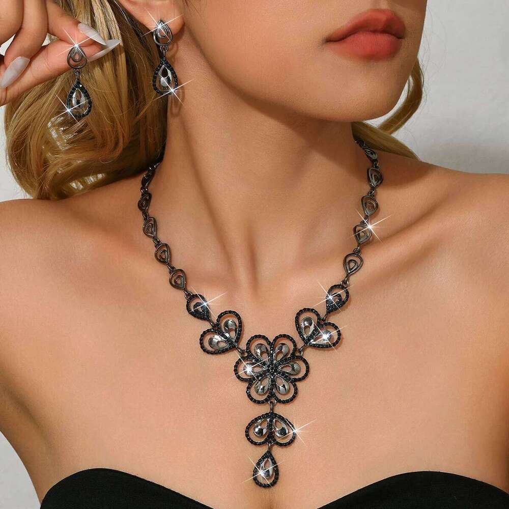 European and American style flower studded diamond necklace earrings two-piece set for women's high-end dress accessories Z260313