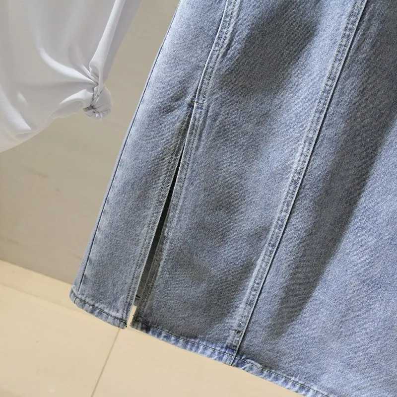 Versatile Chic Light Blue High Waist Denim Skirt Women Midi A-Line Bodycon Slit Slim Fit Stretch Cotton Casual Elegant New Style M260314