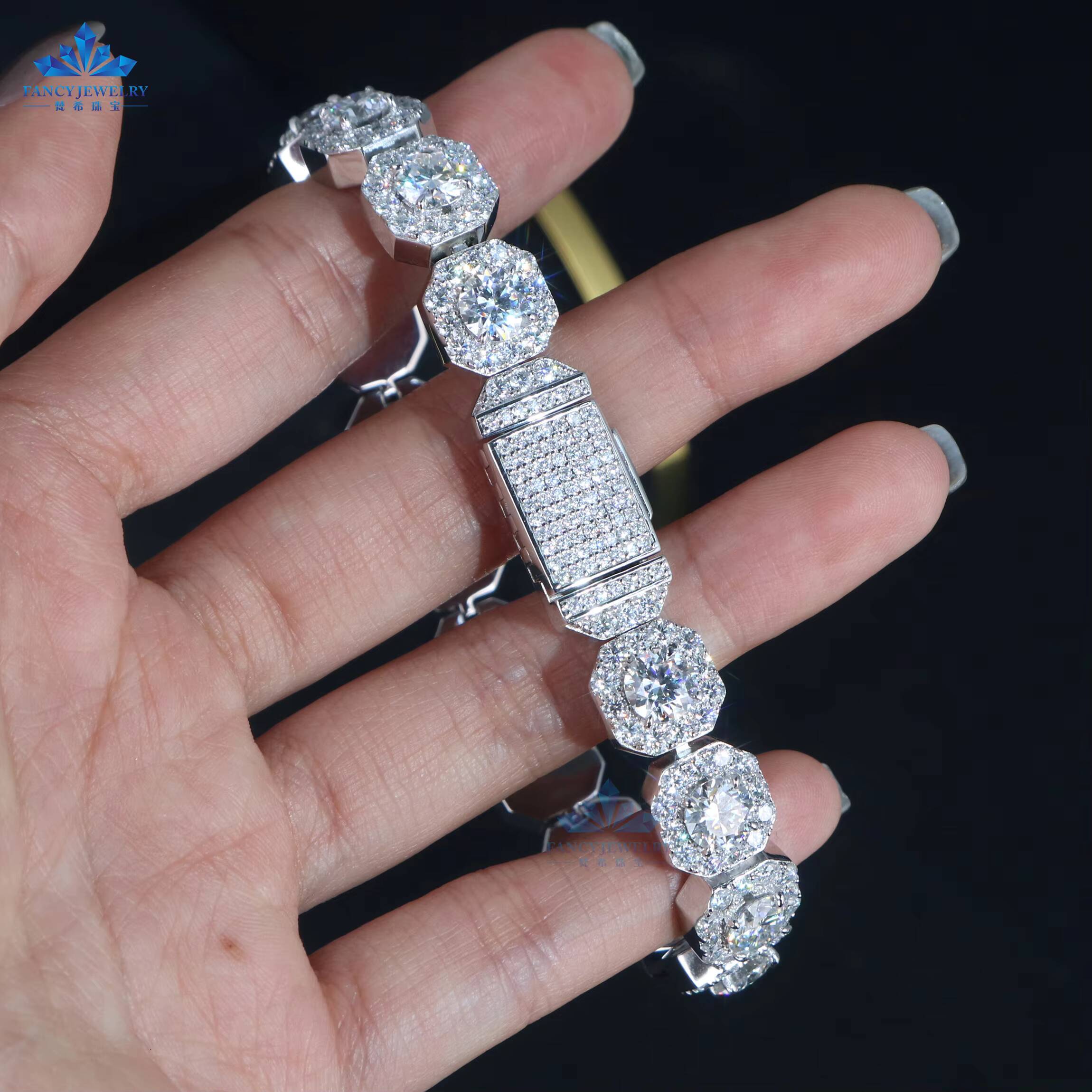 Fashion Jewelry 11mm Width 925silver Hiphop Rock-Candy Tennis Moissanite Bracelet Square Tennis Moissanite Chain