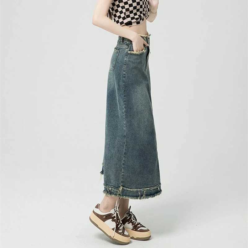 Lady Classic Designer High Waist Jeans Skirts s Korean Slim Fit Mid-Long Dress Women Chic Ripped Thin Denim Skirts M260314