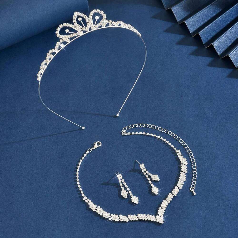 Ladies' Fashion Simple Design Geometric Diamond Elegant Crown Necklace Earrings Jewelry Set Z260313