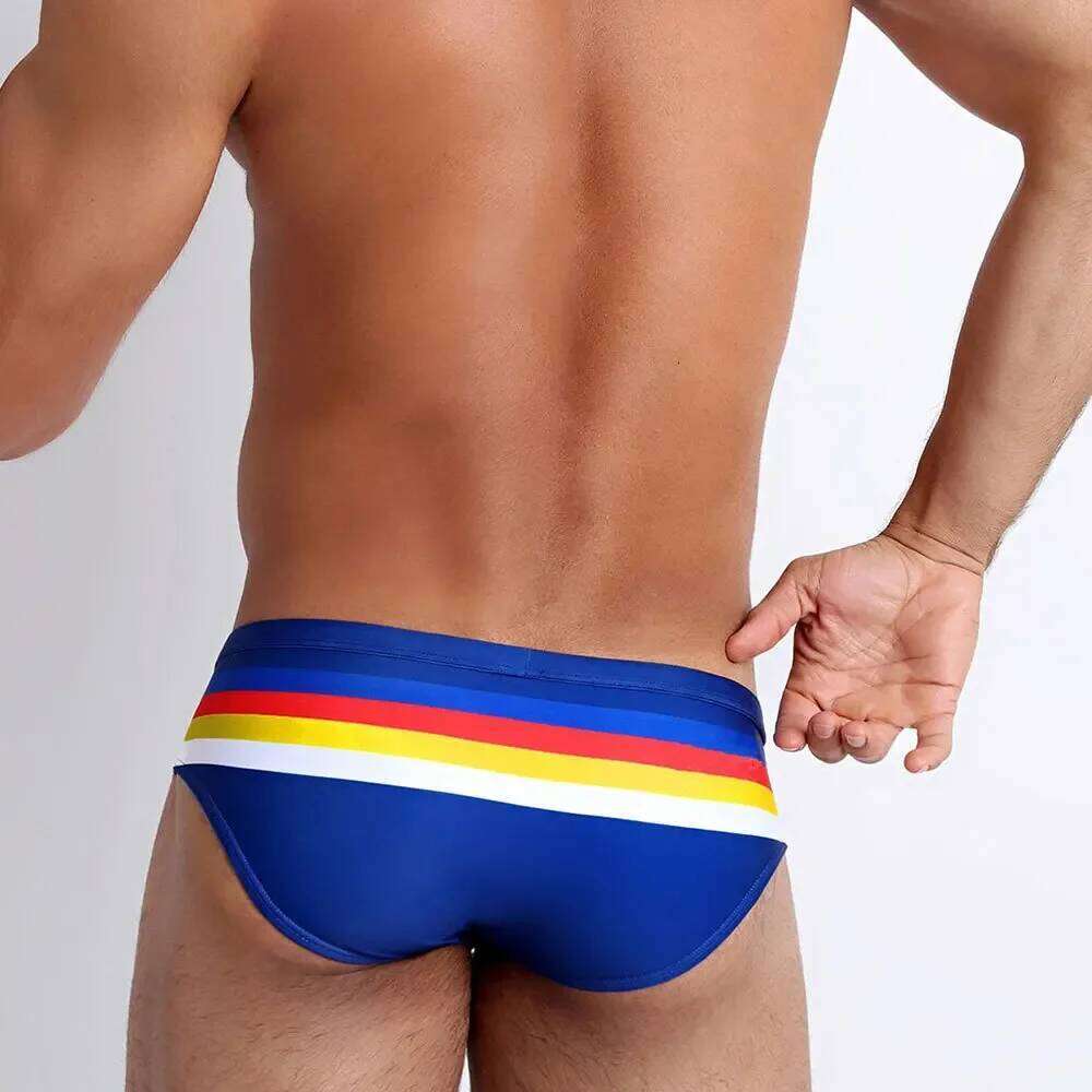 Men's Sexy Low Rise Swim Briefs Bikini Swimsuits Pouch Enhance Swimwear Striped Surf Trunks Beach Shorts Bathing Suit Male Z260314