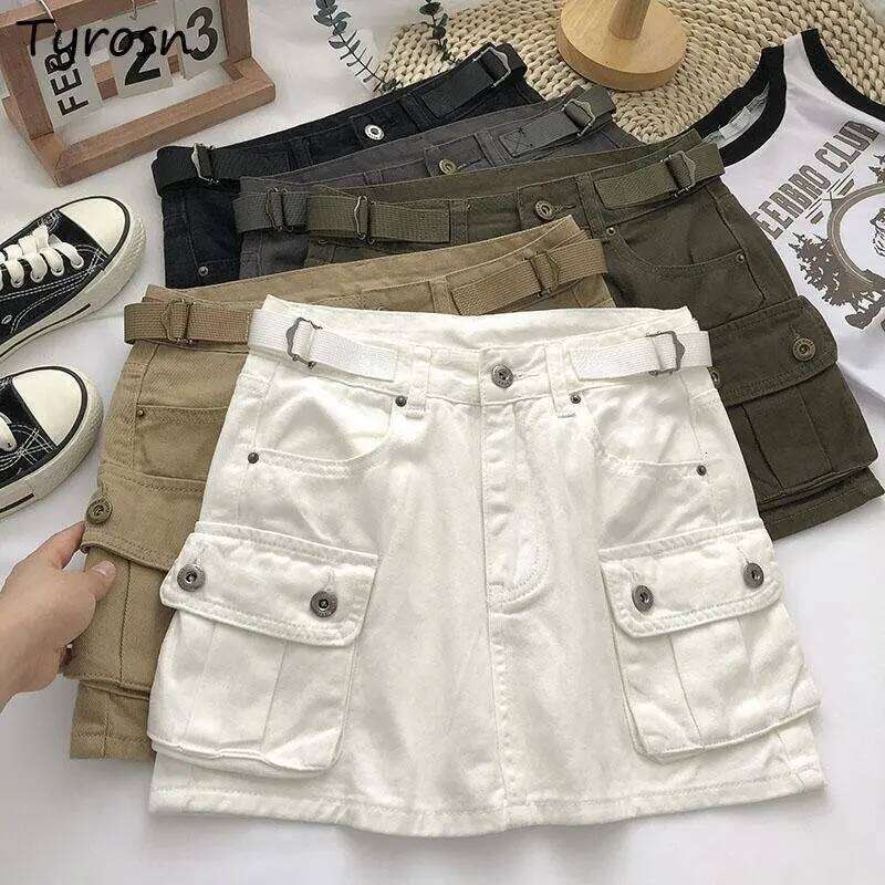 Vintage Denim Cargo Skirts Women Chic High Street 4-colors All-match Summer Hotsweet Ins Pockets Mini A-line Faldas Sexy College Z260314