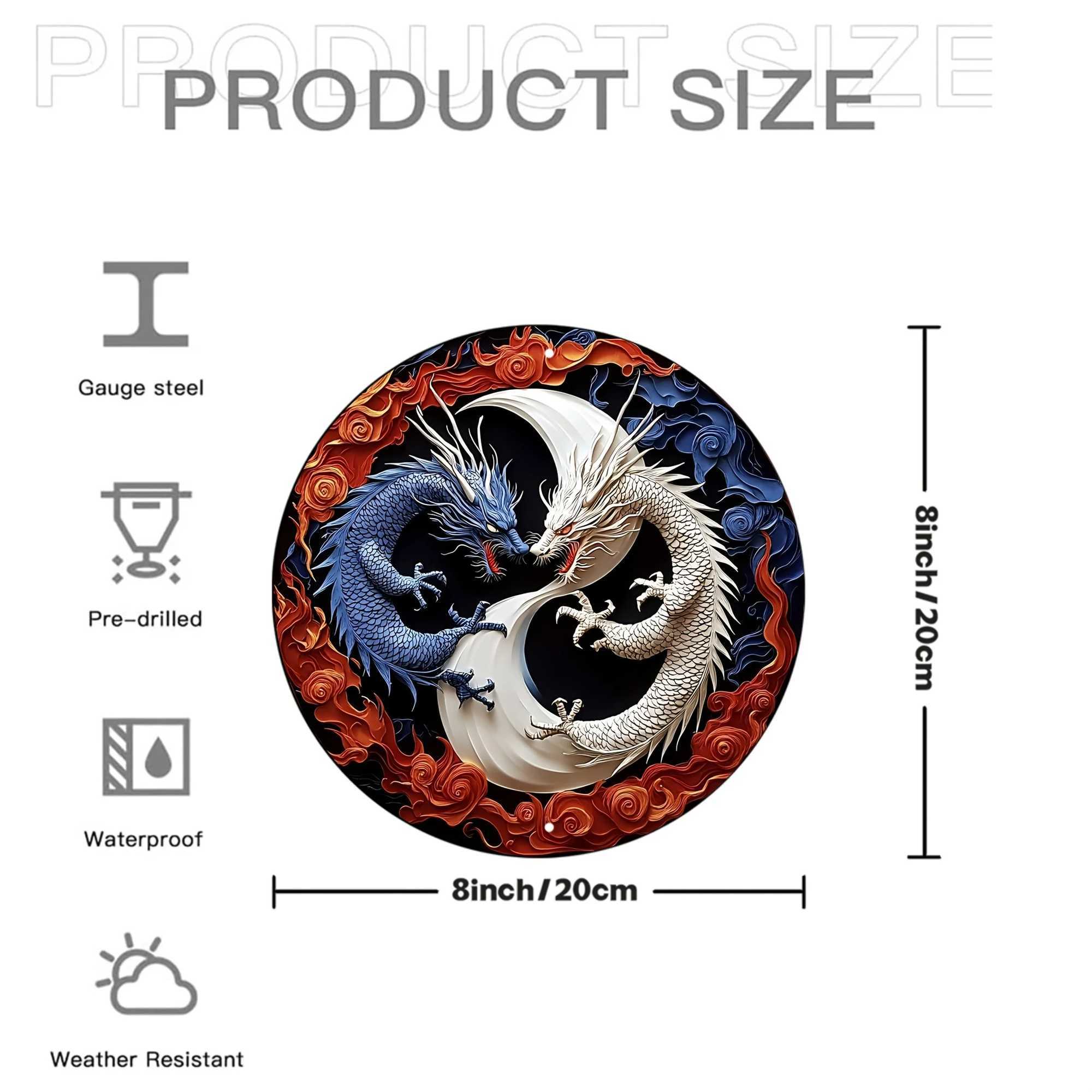 YIN Yang Dragon Metal Wall Art Decor 8x8 Inch Round Aluminum Sign for Home Garden Office Cafe Festival Holiday Gift D260314
