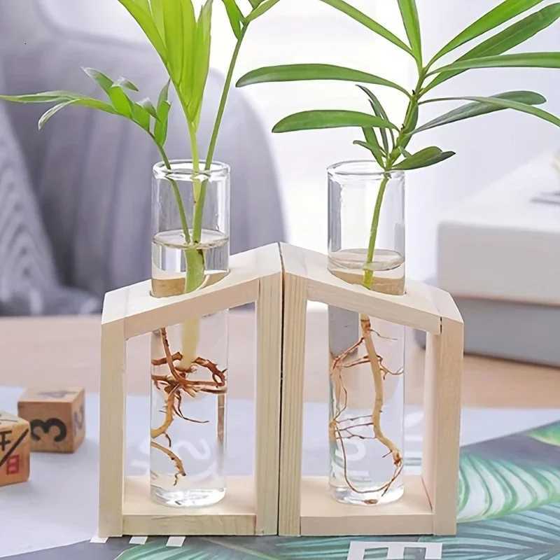 1pc-Minimalist Nordic Home Test Tube Glass Vase Creative Desk Hydroponic Plants Wooden Flower Utensils Decoration Y260314