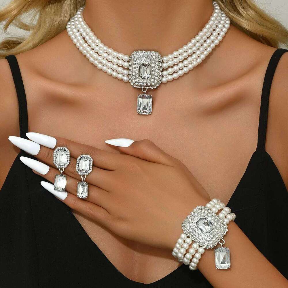 Pearl Emerald Set Multi-Strand Necklace Bracelet Earrings for Women Party Evening Statement Jewelry Z260313