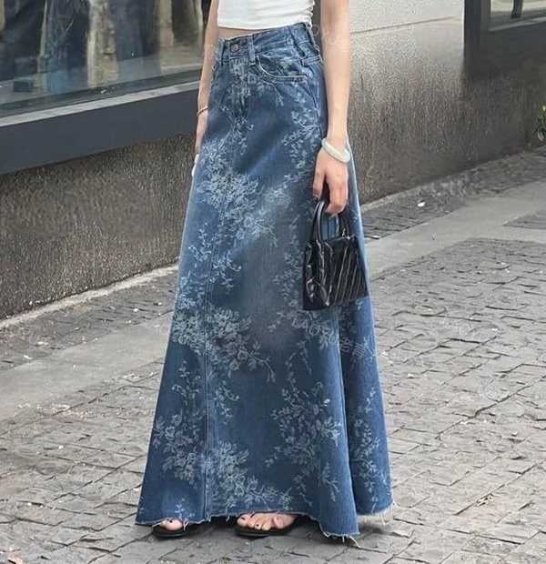 Floral Denim Midi Skirt for Women in Summer Thin and High Waisted A-line Long Skirt Loose and Slimming Big Swing Skirt M260314