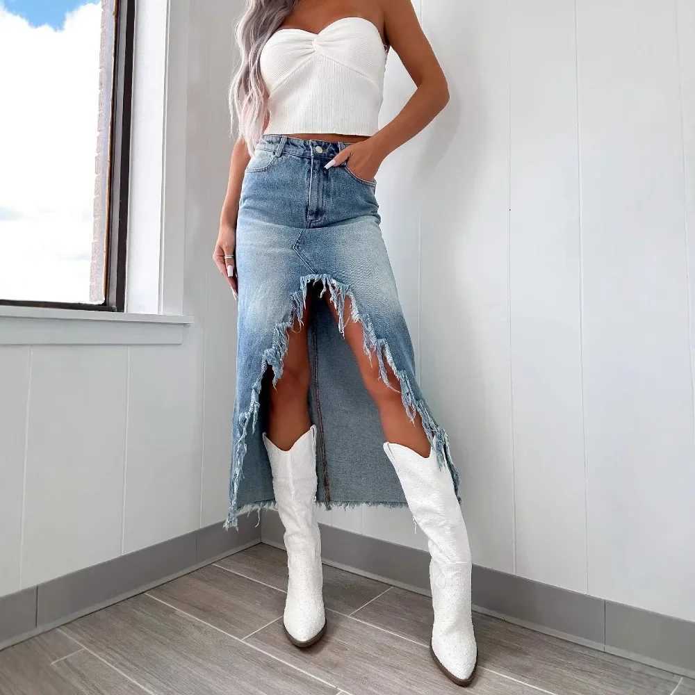 Irregular Denim Skirt Women Vintage Y2k Tassels High Waist Streetwear 2025 Skirts Washed Pockets Sexy Long Skirts Party Club M260314