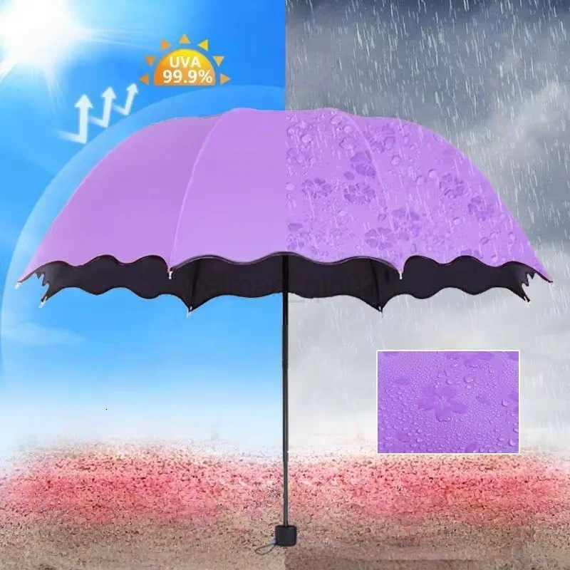 Encountering Water Flowering Folding Umbrellas Handheld Parasol Frame Rain Travel Umbrella 3 Fold UV Protection Umbrella H260314
