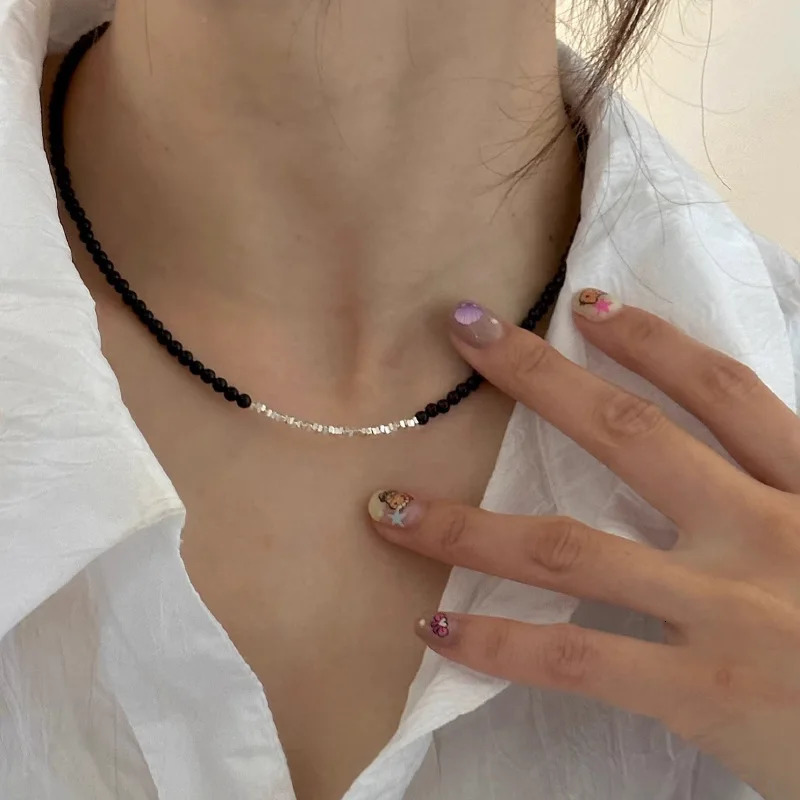 925 Sterling Silver Necklace Black Beads Square Irregular Punk Geometric for Women Girl Jewelry Gift Drop Wholesale 260312