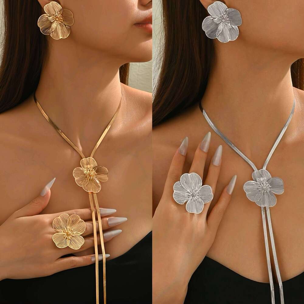 Elegant Women's Flower Jewelry Set Retro Botanical Style Textured Petal Design 3-Piece Accessory with Necklace Earrings And Ring Z260313