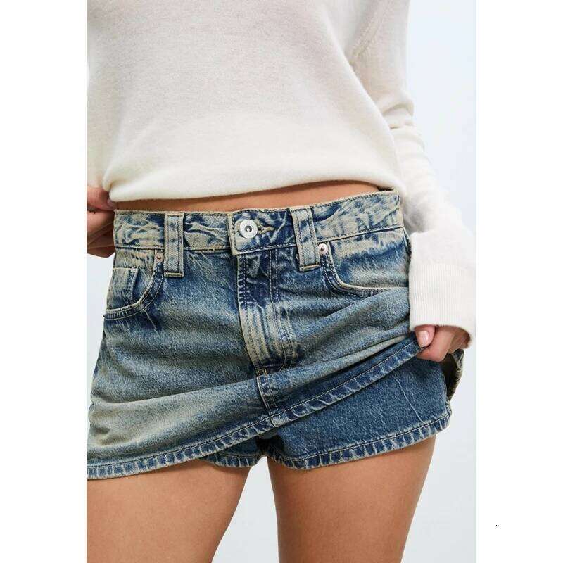 Combhasaki Womens Y2k Vintage Retro Denim Mini Skorts with Pockets Casual Stylish Button Mid Rise A-Line Jean Skirts for Summer Z260314