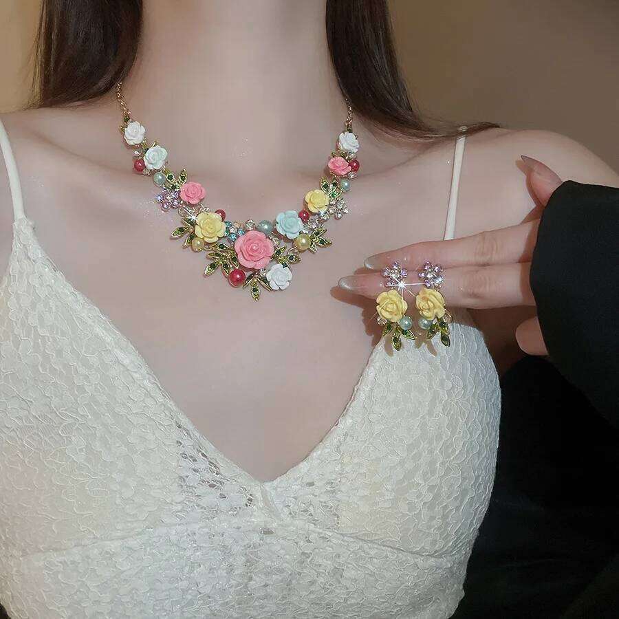 FYUAN Pink Purple Flowers Acrylic Crystal Necklace Earrings For Women Wedding Bride Jewelry Sets Accessories Z260313