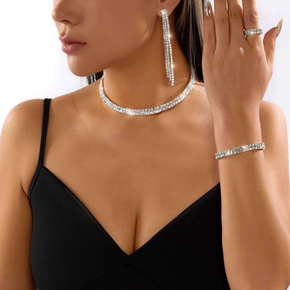 Light Luxury Green Crystal Water Drop Jewelry Set For Women Full Rhinestone Zircon Necklaces Bracelet Ring Earrings Wedding Gift Z260313